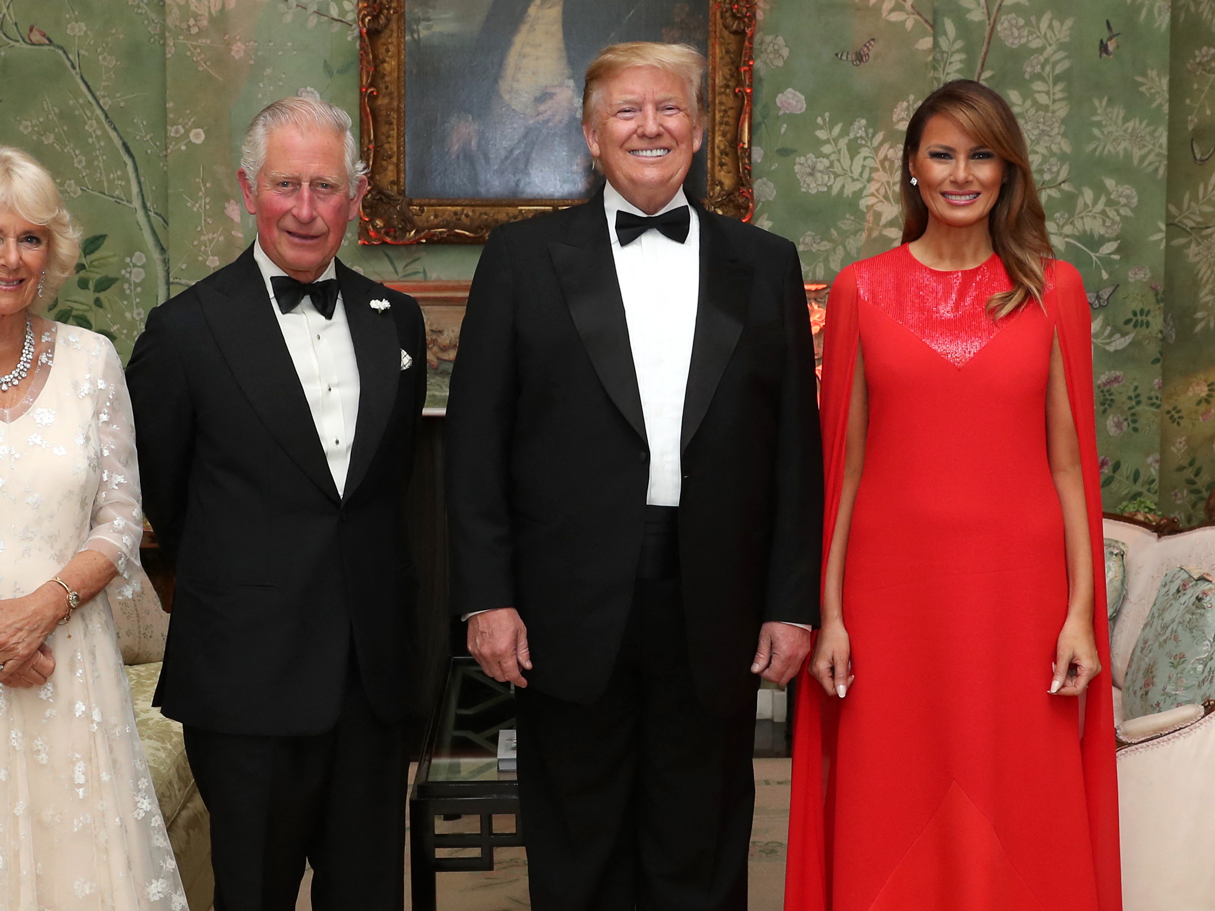 caption: President Trump and first lady Melania Trump on their first state visit to the United Kingdom on June 4, 2019, ahead of a dinner with then-Prince Charles and Camilla, Duchess of Cornwall.