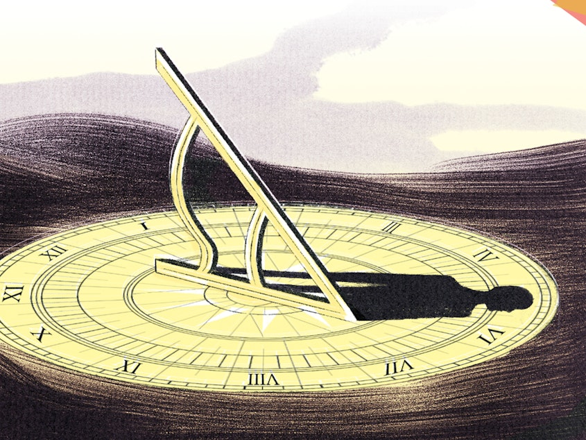 Illustration of a sundial being tossed about on a stormy sea against a purple sky. In the shadow of the sundial is the silhouette of a person.