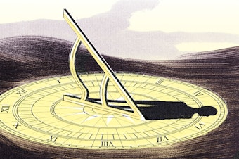 Illustration of a sundial being tossed about on a stormy sea against a purple sky. In the shadow of the sundial is the silhouette of a person.