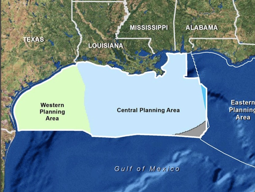 caption: A map highlights areas where thousands of blocks of federal waters in the Gulf of Mexico were offered up in an oil and gas auction Wednesday.