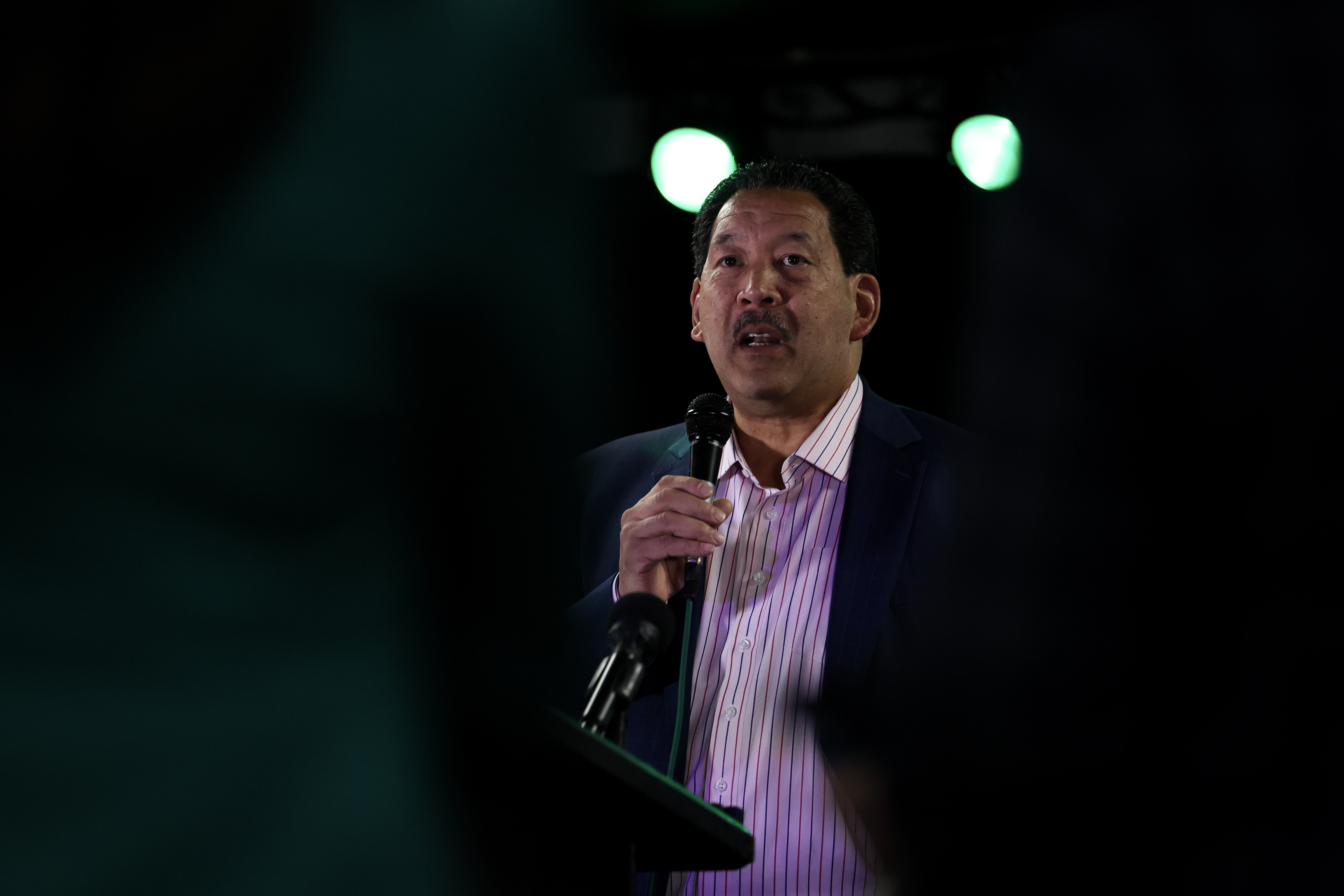 caption: City of Seattle mayor and mayoral candidate Bruce Harrell speaks to supporters on Tuesday, November 4, 2025, at Royal Esquire Club in Seattle. 