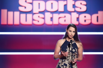 caption: Rachael Denhollander accepts the "Inspiration of the Year Award"  at Sports Illustrated 2018 Sportsperson of the Year Awards Show on  December 11, 2018.