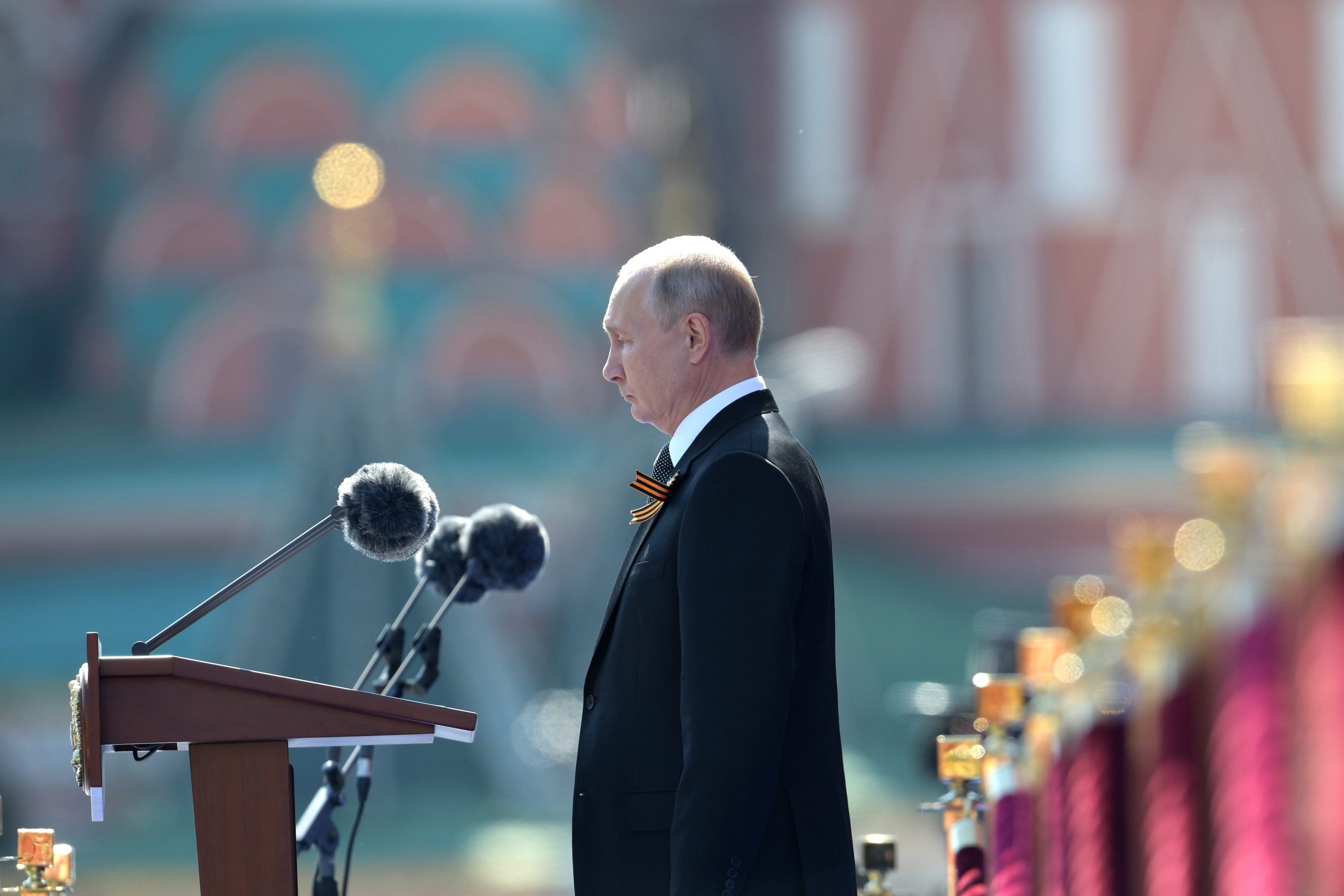 caption: President of Russia and Commander-in-Chief of the Armed Forces Vladimir Putin makes a speech in Red Square during a Victory Day military parade marking the 75th anniversary of the victory in World War II, on June 24, 2020 in Moscow, Russia.(Sergey Guneev/Host Photo Agency via Getty Images )