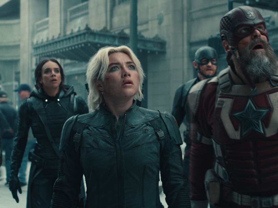 caption: <em>Thunderbolts* </em>stars a cast of misfits, including Florence Pugh, Hannah John-Kamen, Wyatt Russell and David Harbour.