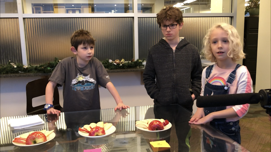 caption: Oliver, left, his brother Micah, 9, and Alia, 6 recently blind tested Washington apples. 