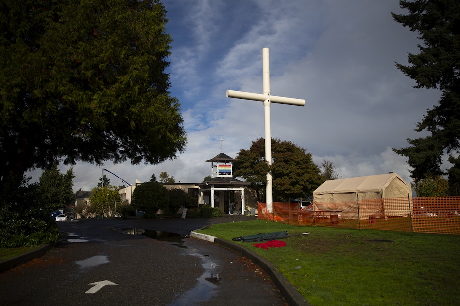 caption: The Riverton Park United Methodist Church where nearly 200 people are sheltering while seeking asylum is shown  on Monday, October 16, 2023, in Tukwila. 