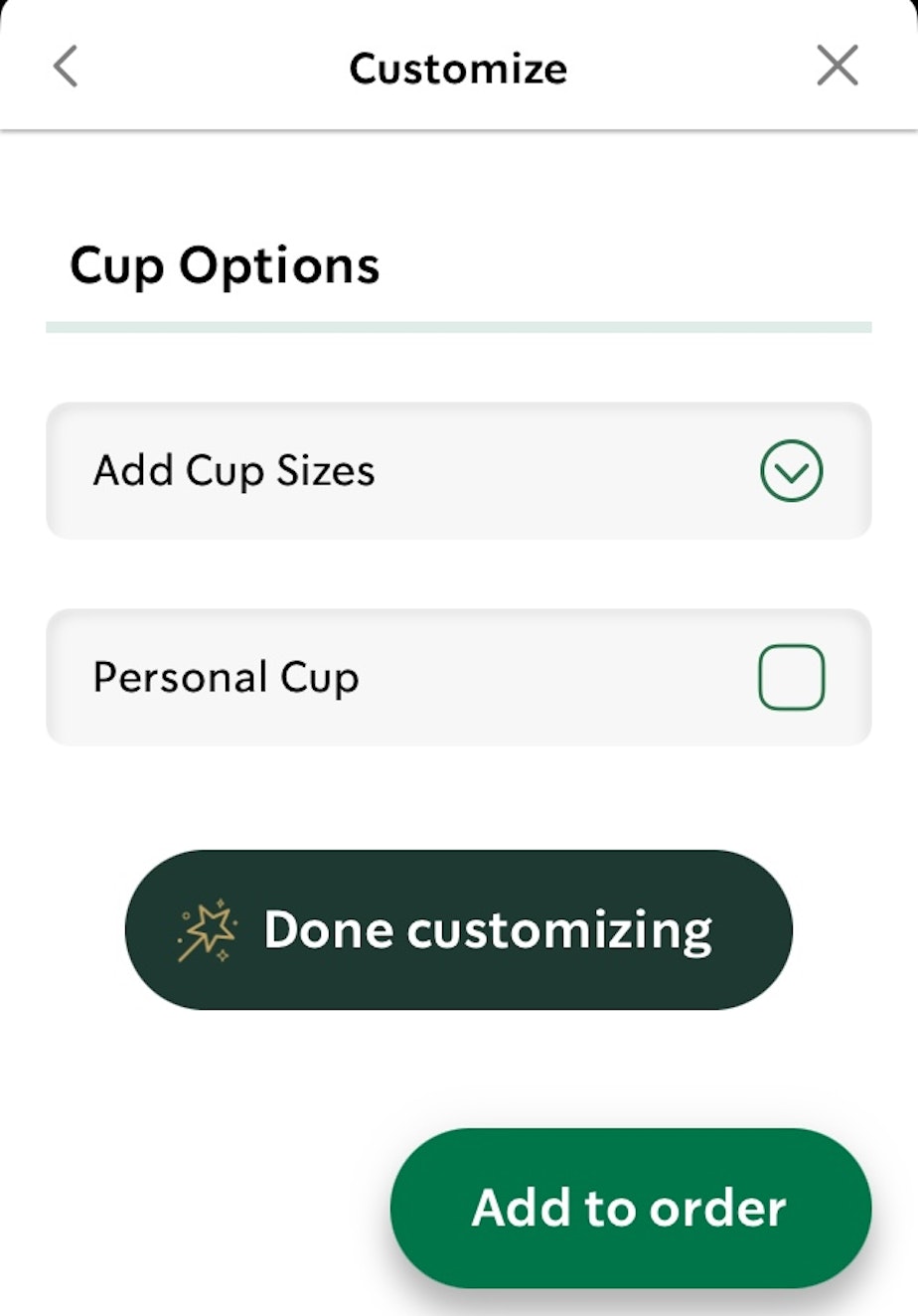 caption: A screenshot from the Starbucks app shows the "personal cup" option now available for mobile orders as on Jan. 4, 2024.