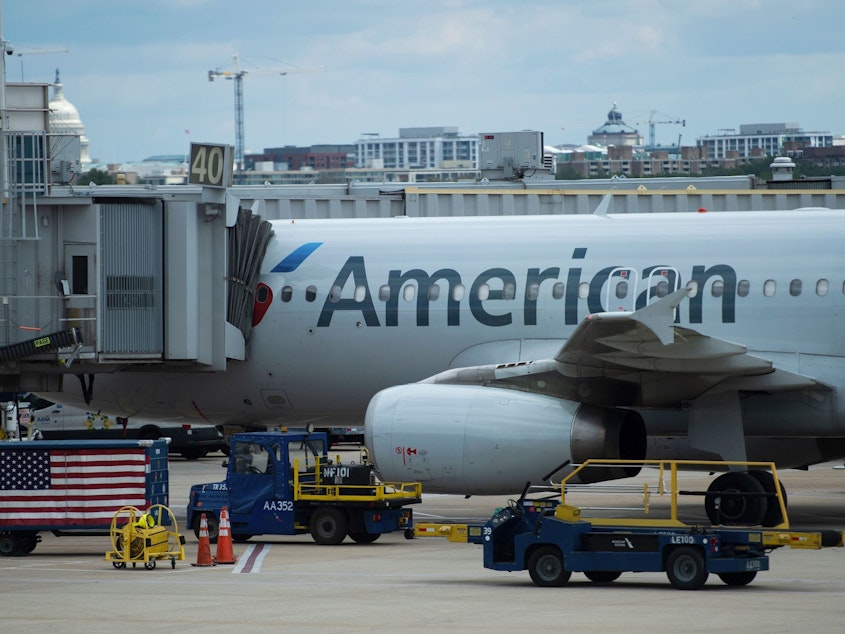 caption: An American Airlines plane is seen at a gate at Ronald Reagan Washington National Airport in Arlington, Va., on May 12, 2020.