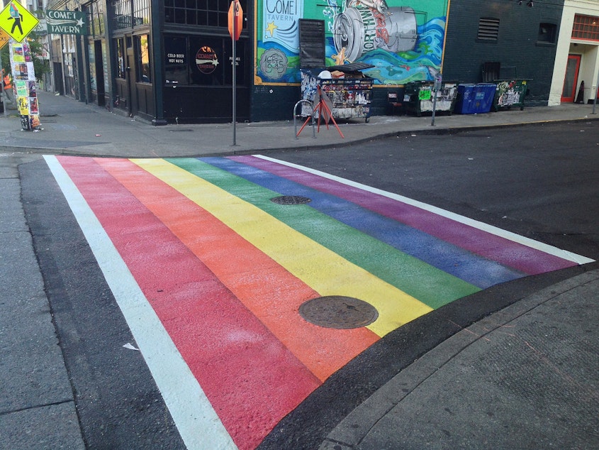 caption: Capitol Hill rainbow crosswalk at 10th Ave & East Pike Street.
