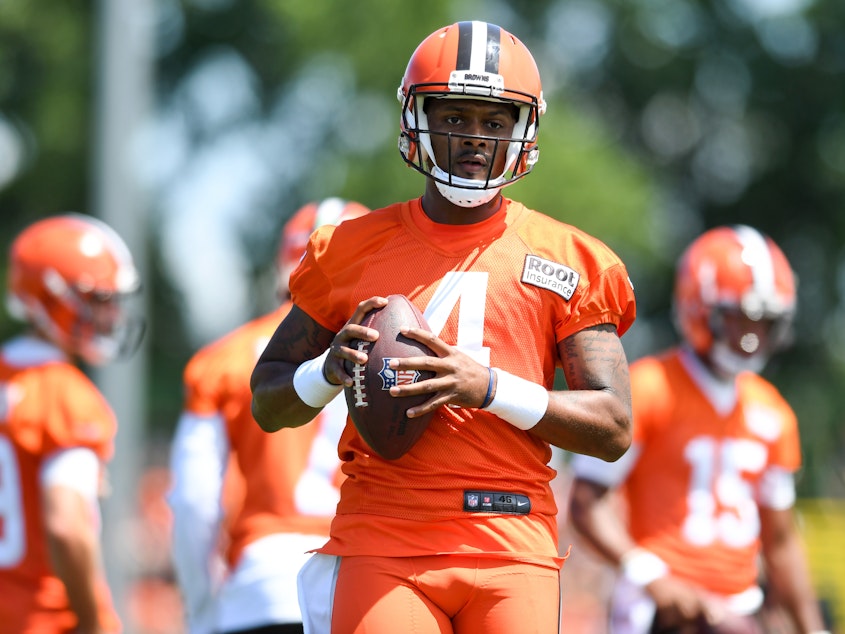 caption: Deshaun Watson at the Cleveland Browns' training camp in July.