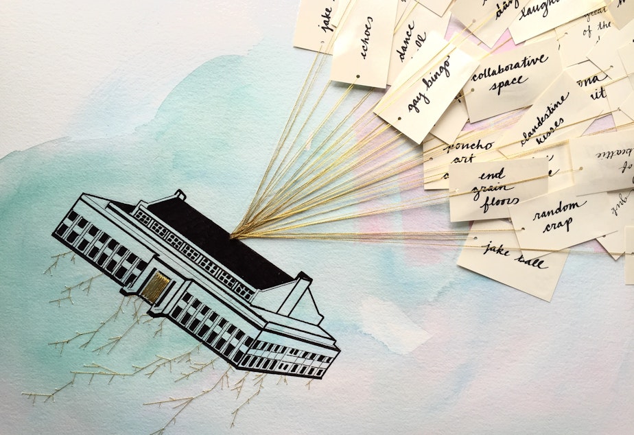 caption: Armory artifacts (Gifted to MOHAI), 2016; Watercolor, ink, thread on paper; Shelly Leavens
