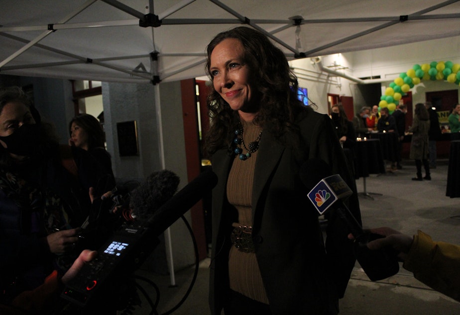 caption: Seattle City Attorney Ann Davison on election night 2021. A new report from her office says the median time for filing decisions has declined 98% compared to the past five years, while the number of cases filed has increased 124% over last year.