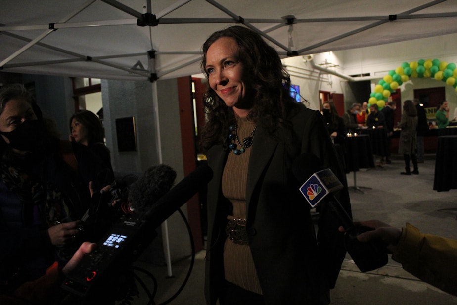 caption: Seattle City Attorney Ann Davison on election night 2021. A new report from her office says the median time for filing decisions has declined 98% compared to the past five years, while the number of cases filed has increased 124% over last year. 