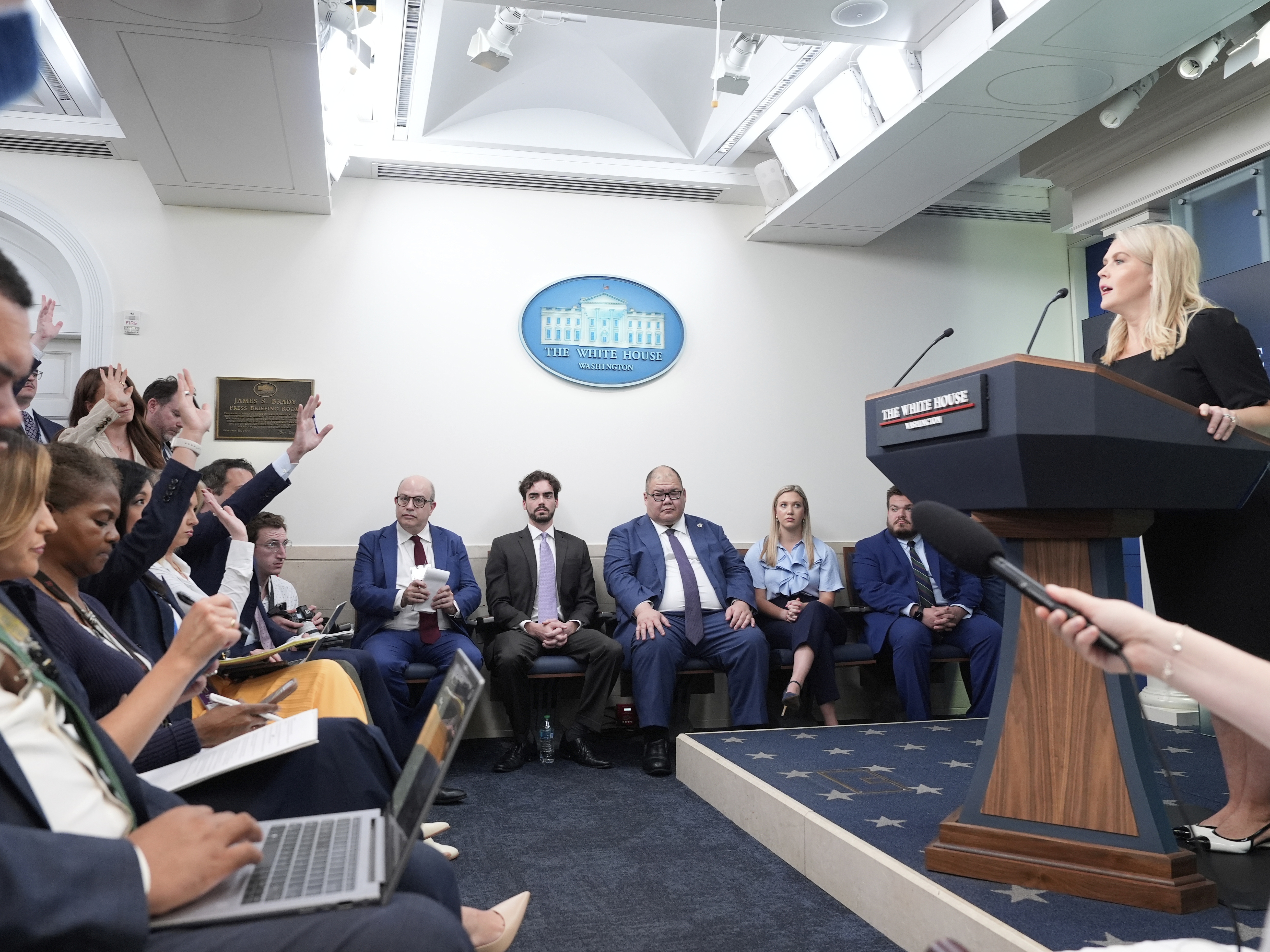 caption: White House press secretary Karoline Leavitt speaks with reporters in the James Brady Press Briefing Room at the White House, Thursday, June 19, 2025, in Washington.
