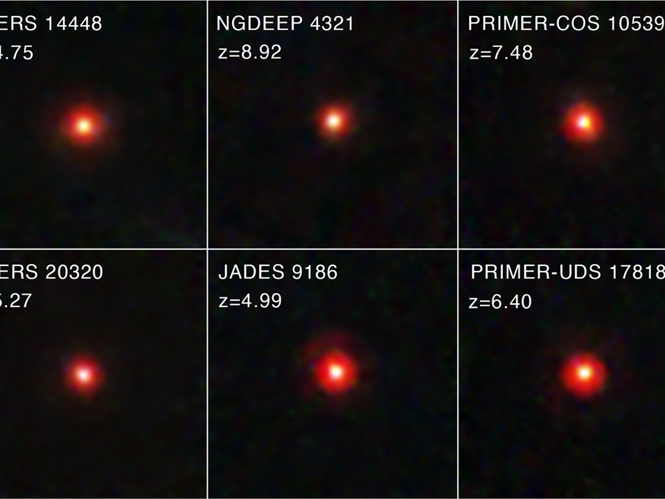 caption: A team of astronomers sifted through James Webb Space Telescope data to compile one of the largest samples of "little red dots." The team started with the Cosmic Evolution Early Release Science (CEERS) survey before widening their scope to other extragalactic legacy fields, including the JWST Advanced Deep Extragalactic Survey (JADES) and the Next Generation Deep Extragalactic Exploratory Public (NGDEEP) survey.