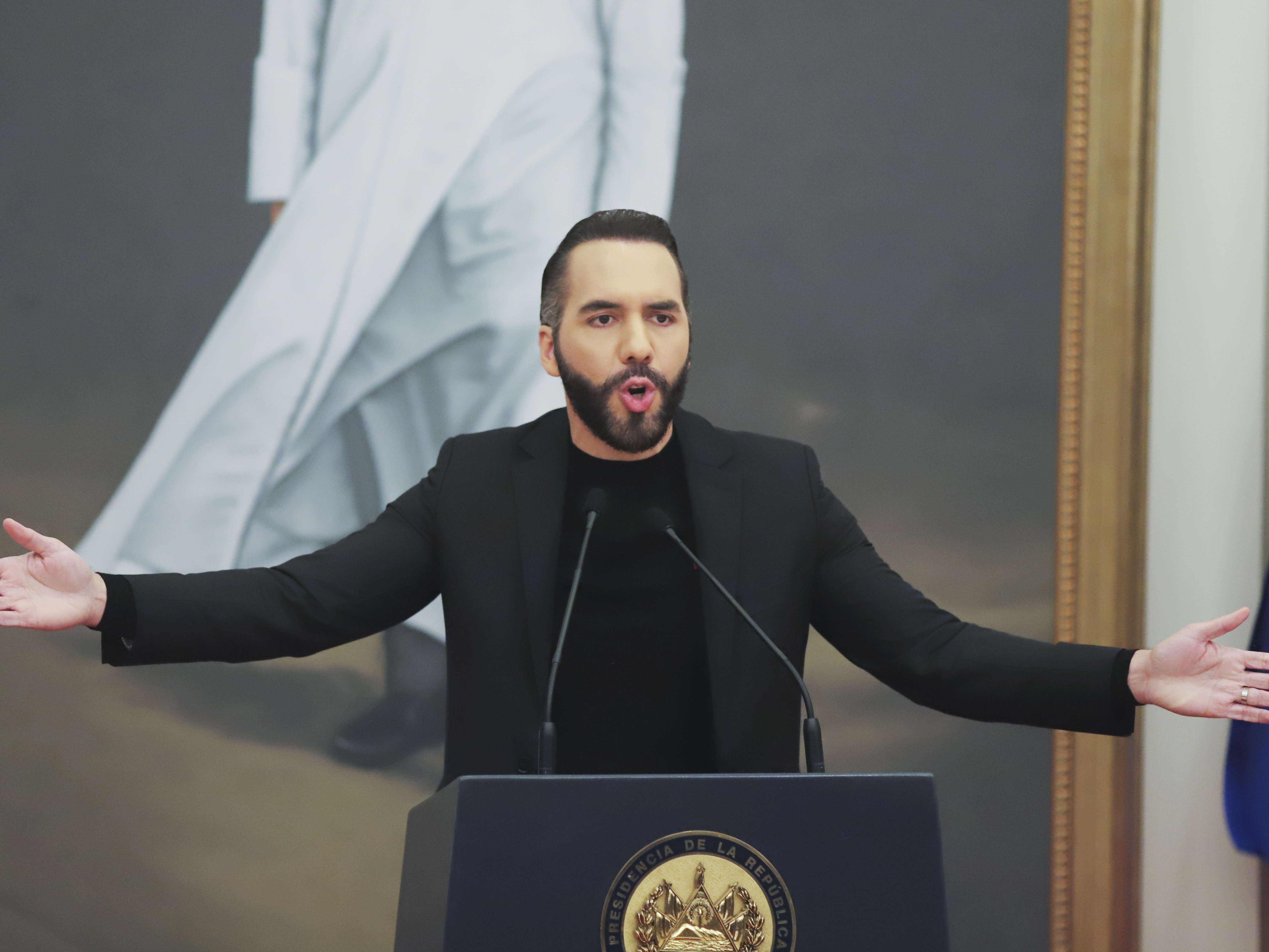 caption: El Salvador's President Nayib Bukele gives a press conference in San Salvador, El Salvador, Jan. 14, 2025.