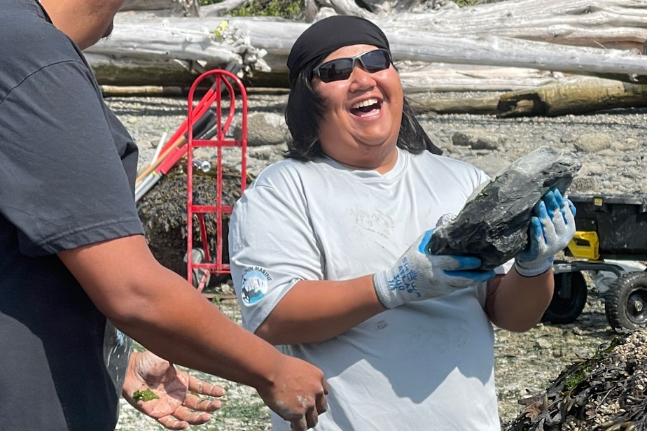 caption: Michael Sheena of the Pauquachin First Nation, in North Saanich, British Columbia, helps the Swinomish Tribe build a rock wall on Kiket Island, Washington, on Aug. 12, 2022.