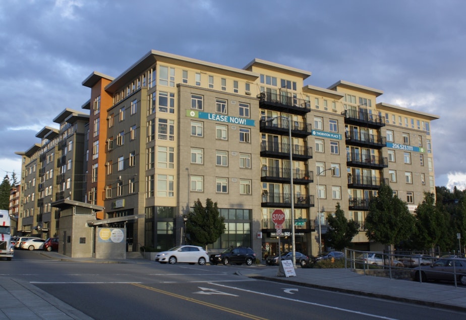 caption: Thornton Place Apartments in Seattle's Northgate neighborhood has 56 apartments (out of 278) set aside for low wage earners. In exchange for keeping rents low for those units for 12 years, the developer got a tax break.