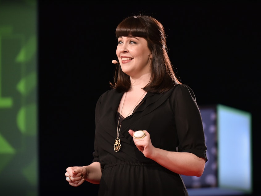 caption: Caitlin Doughty on the TED stage.