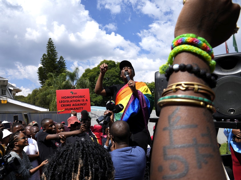 caption: Economic Freedom Fighters leader Julius Malema speaks during their picket against Uganda's anti-homosexuality bill at the Ugandan High Commission in Pretoria, South Africa on April 4, 2023. Uganda's president Yoweri Museveni has signed into law tough new anti-gay legislation supported by many in the country but widely condemned by rights activists and others abroad.