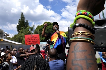 caption: Economic Freedom Fighters leader Julius Malema speaks during their picket against Uganda's anti-homosexuality bill at the Ugandan High Commission in Pretoria, South Africa on April 4, 2023. Uganda's president Yoweri Museveni has signed into law tough new anti-gay legislation supported by many in the country but widely condemned by rights activists and others abroad.