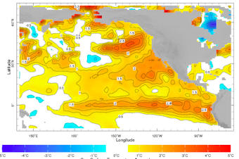 caption: 'The Blob' is indicated by dark orange on the West Coast of the U.S. The blob is a patch of warm water that was detected by a University of Washington climatologist in 2013.