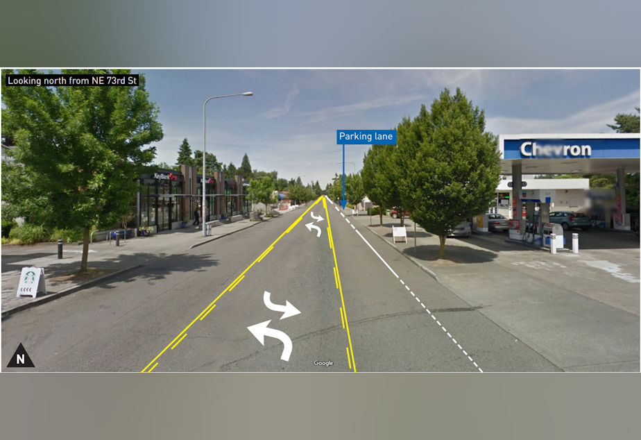 caption: A graphic rendition of the new plan for 35th Avenue Northeast, looking north from Northeast 73rd Street.