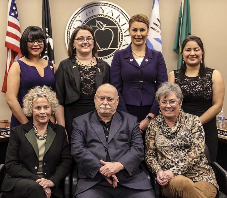 caption: Yakima City Council (clockwise from top left): Mayor Avina Gutierrez, Holly Cousens, Carmen Mendez, Dulce Gutierrez, Maureen Adkison, Bill Lover, and Kathy Coffey.