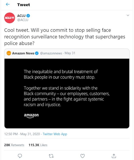 caption: The American Civil Liberties Union's reply to Amazon.com Inc.'s statement of solidarity with the Black community.