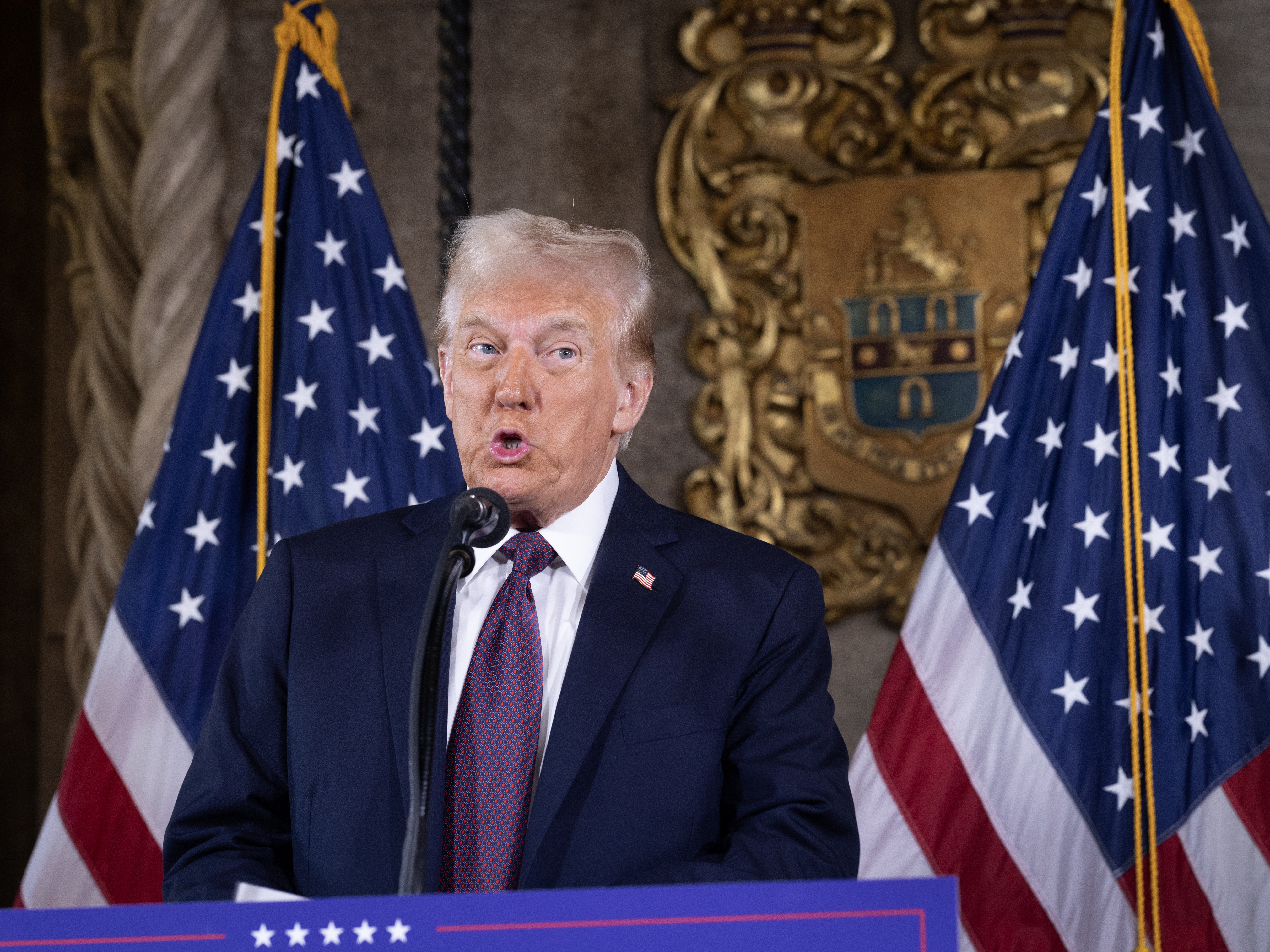 caption: President-elect Donald Trump speaks turing a press conference on Jan. 7, 2025, in Palm Beach, Fla.