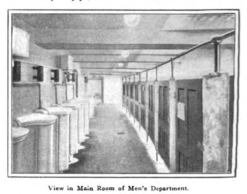 caption: An illustration in "The Building Age" from October 1911 shows part of the comfort station built in Seattle's Pioneer Square. 