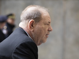 caption: Harvey Weinstein arrives at a Manhattan courtroom for his rape trial on Monday. This week, prosecutors wrapped up their case against the former Hollywood producer.