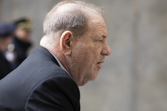 caption: Harvey Weinstein arrives at a Manhattan courtroom for his rape trial on Monday. This week, prosecutors wrapped up their case against the former Hollywood producer.