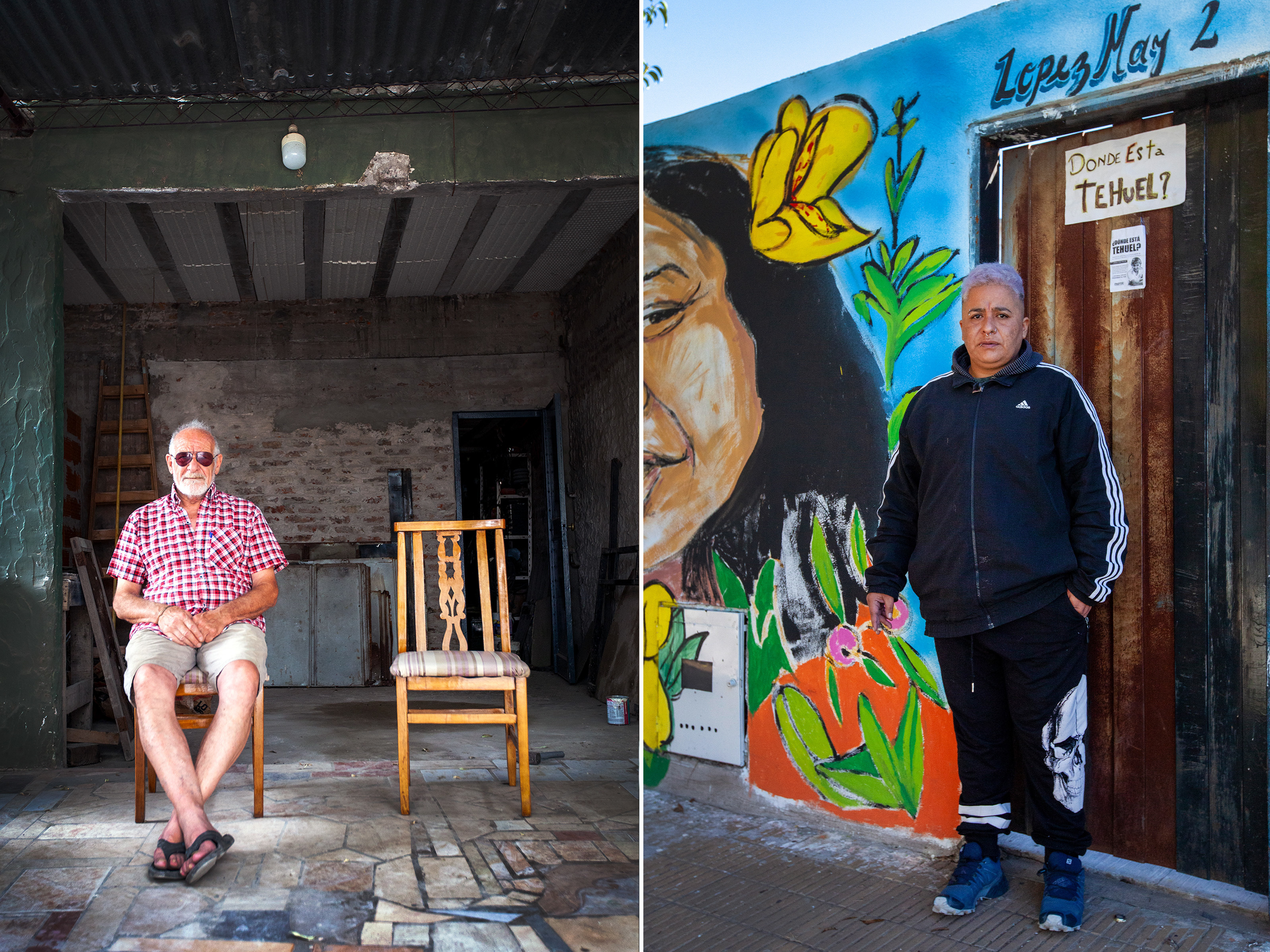 caption: <strong>Izquierda</strong>: Andrés de la Torre, padre de Tehuel de la Torre. Tehuel es un joven trans que desapareció en marzo de 2021. <strong>Derecha</strong>: Say Sacayán, activista por los derechos de las personas transgénero, frente a un cartel que dice "¿Dónde está Tehuel?".