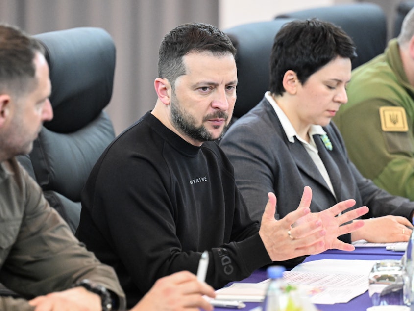 caption: Ukrainian President Volodymyr Zelenskyy speaks during a bilateral meeting with Japanese Prime Minister Fumio Kishida, following the conclusion of the G7 Summit Leaders' Meeting on May 21, 2023 in Hiroshima, Japan. The G7 summit will be held in Hiroshima from 19-22 May.