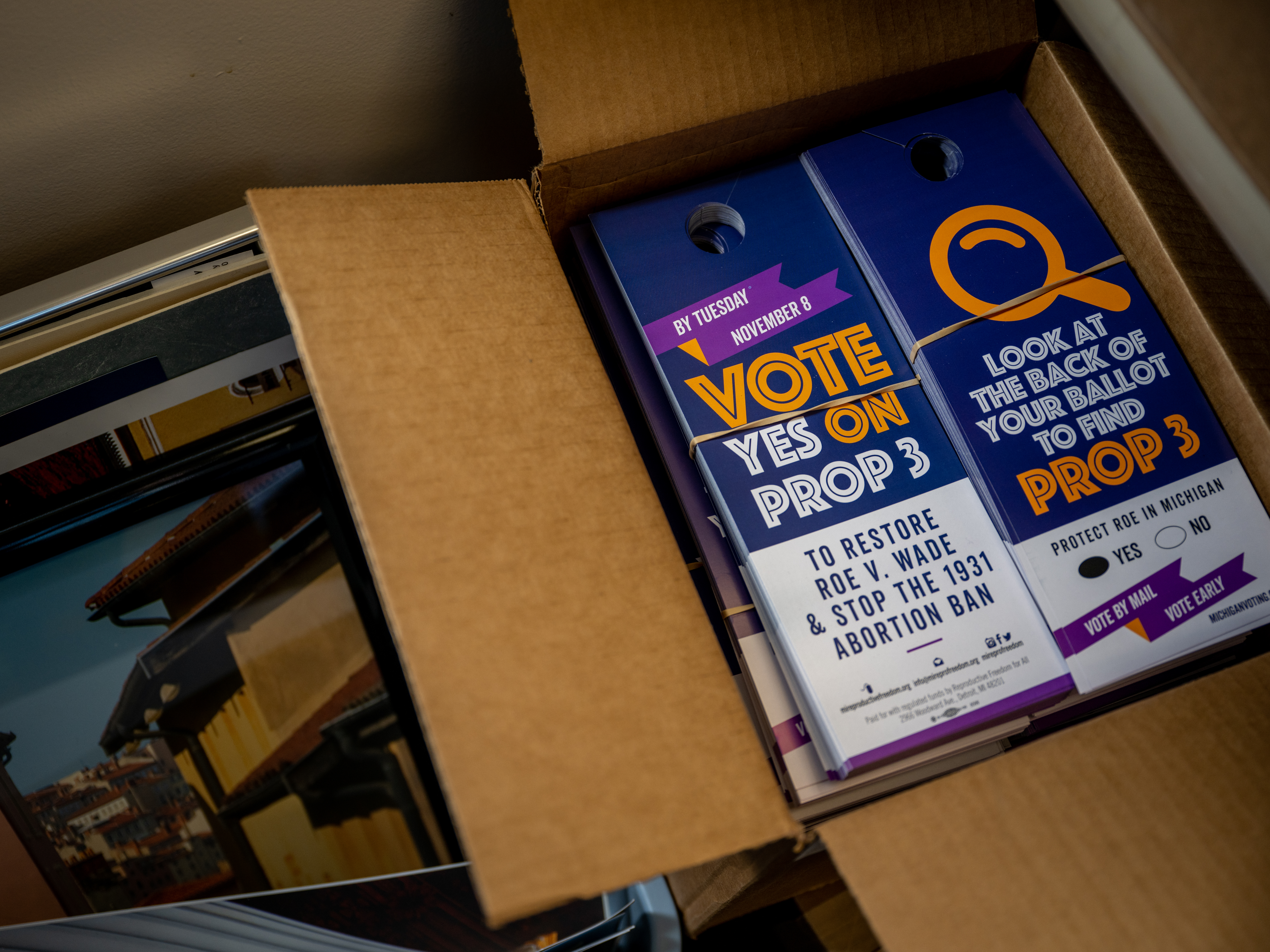 caption: Proposal 3 flyers are situated in boxes on Nov. 6, 2022, in Dearborn, Mich. Voters in Michigan passed Prop 3, enshrining the right to abortion in the state constitution.