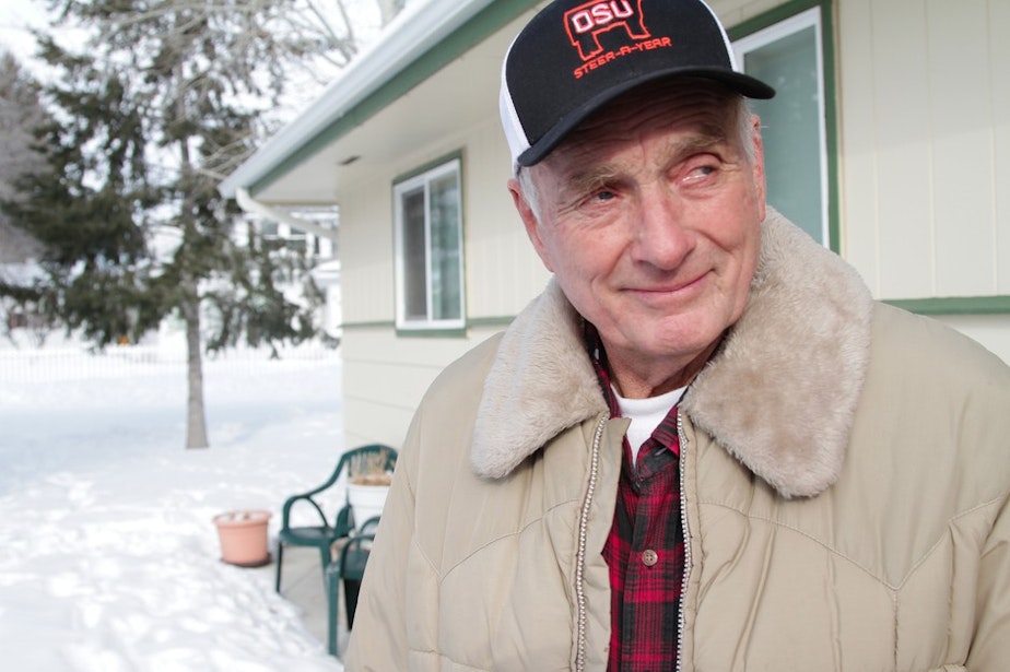 caption: Dwight Hammond Jr. greets protesters outside his home in Burns, Oregon in January 2016. Hammond was convicted of arson on federal charges in 2012. The case sparked the Malheur National Wildlife Refuge Occupation led by Ammon and Ryan Bundy. CREDIT: AMELIA TEMPLETON/OPB