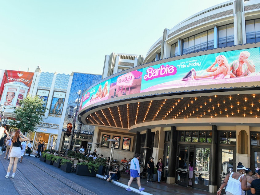 caption: The Grove theater marquee announcing the opening of <em>Barbie</em> is pictured in Los Angeles last week.