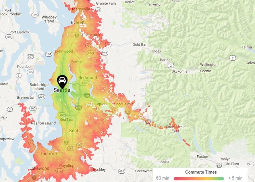 caption: This heat map produced by real estate company Trulia shows the commute times for Seattle residents. The warmer the color, the longer the commute from Seattle's core.