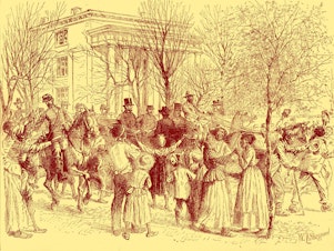 caption: Abraham Lincoln is shown in Richmond, Va., being cheered by former slaves in 1865.