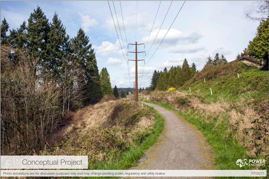 caption: Conceptual photo of high-voltage power lines running through Bellevue, as proposed by Puget Sound Energy.