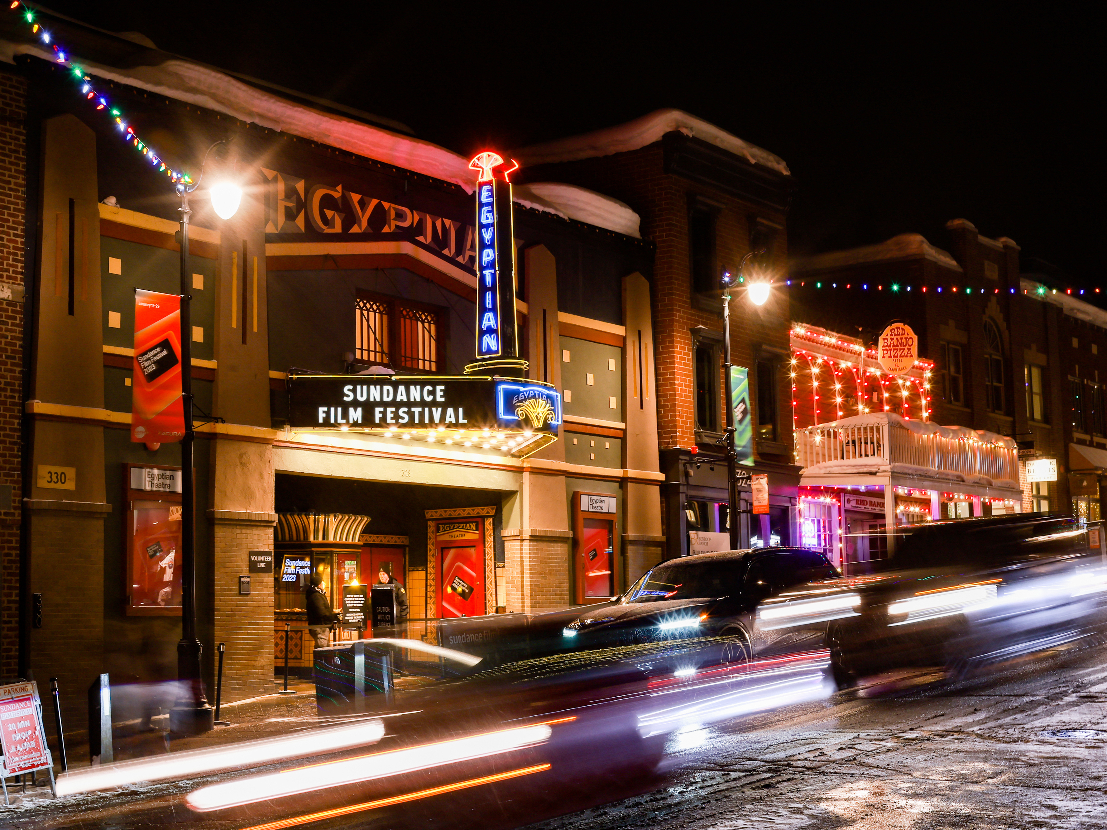 caption: The Sundance Film Festival marks its 40th edition this year. Above, the Egyptian Theatre is pictured during the 2023 Sundance Film Festival in Park City, Utah.
