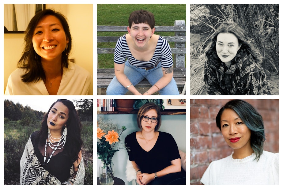 caption: Hugo House 2019-2020 Fellowship: Joyce Chen, Shelby Handler, Piper Lane,  Sasha LaPointe, Abi Pollokoff, and Jen Soriano.