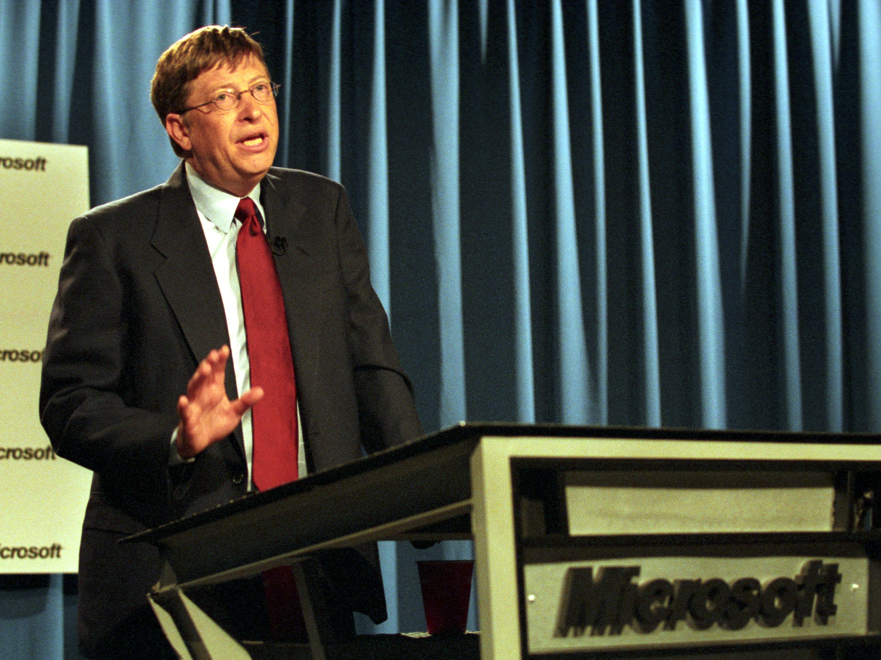caption: In 2001, Microsoft Chief Software Architect Bill Gates comments at Microsoft headquarters in Redmond, Wash., on the U.S. Court of Appeals decision to overturn a lower court's ruling that the software giant be broken up.
