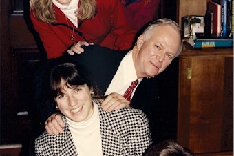 caption: Lauri Hennessey (top), Mimi Mahoney, Senator Bob Packwood, Julia Brim-Edwards, and Bobbi Munson. Shortly after this photo was taken, Hennessey joined Packwood's personal staff.