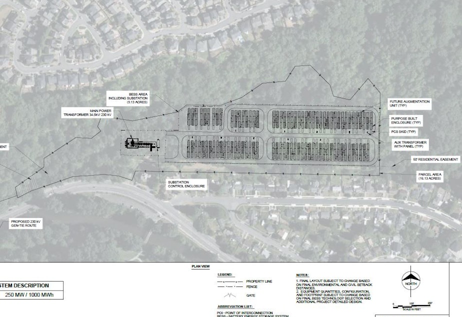 caption: Diagram of proposed 9-acre energy storage facility next to houses in Renton, Washington