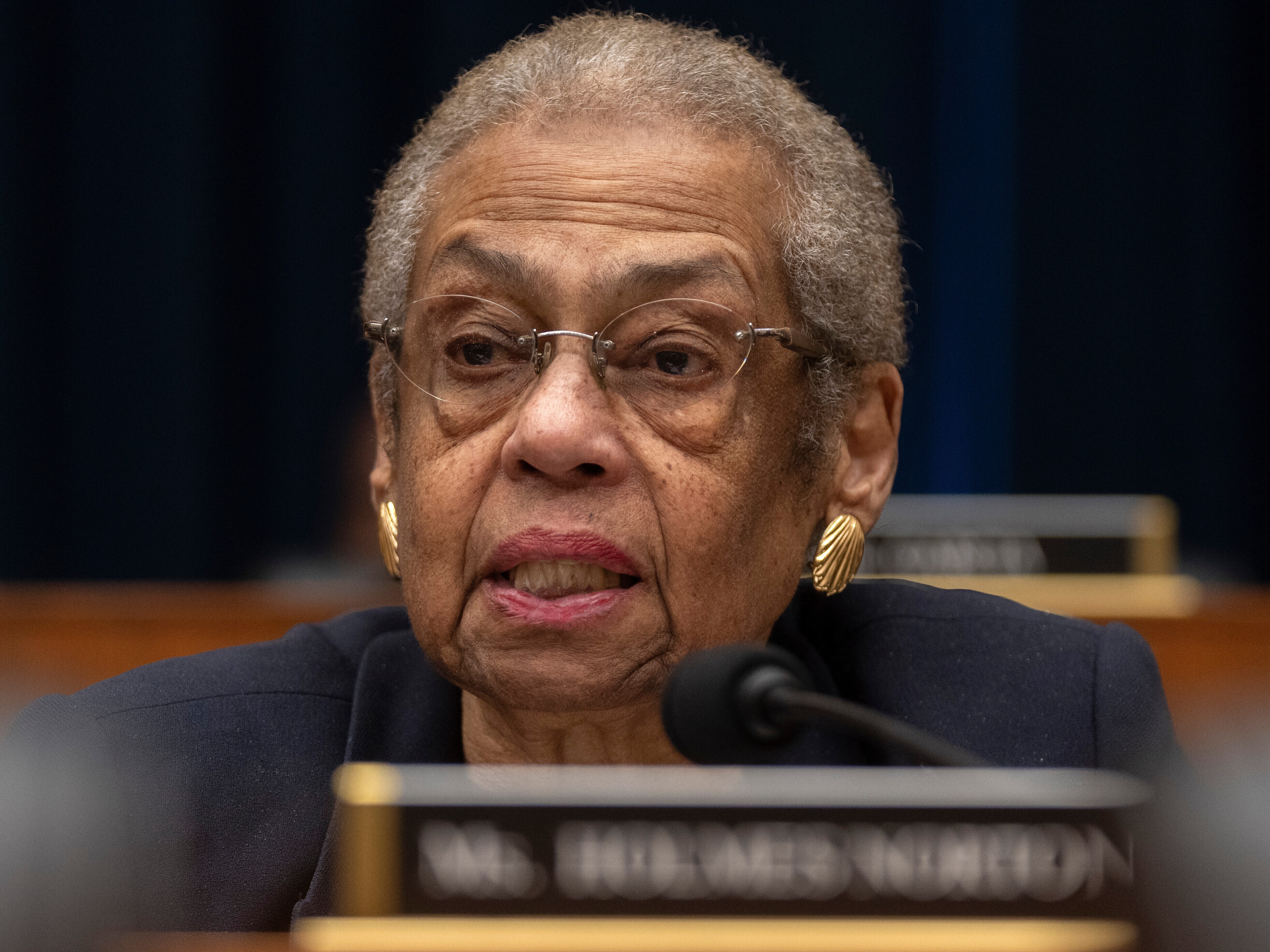 caption: Del. Eleanor Holmes Norton, D-D.C., speaks during a hearing of the Aviation Subcommittee of the House Transportation and Infrastructure Committee on Capitol Hill, Dec. 16, 2025, in Washington.