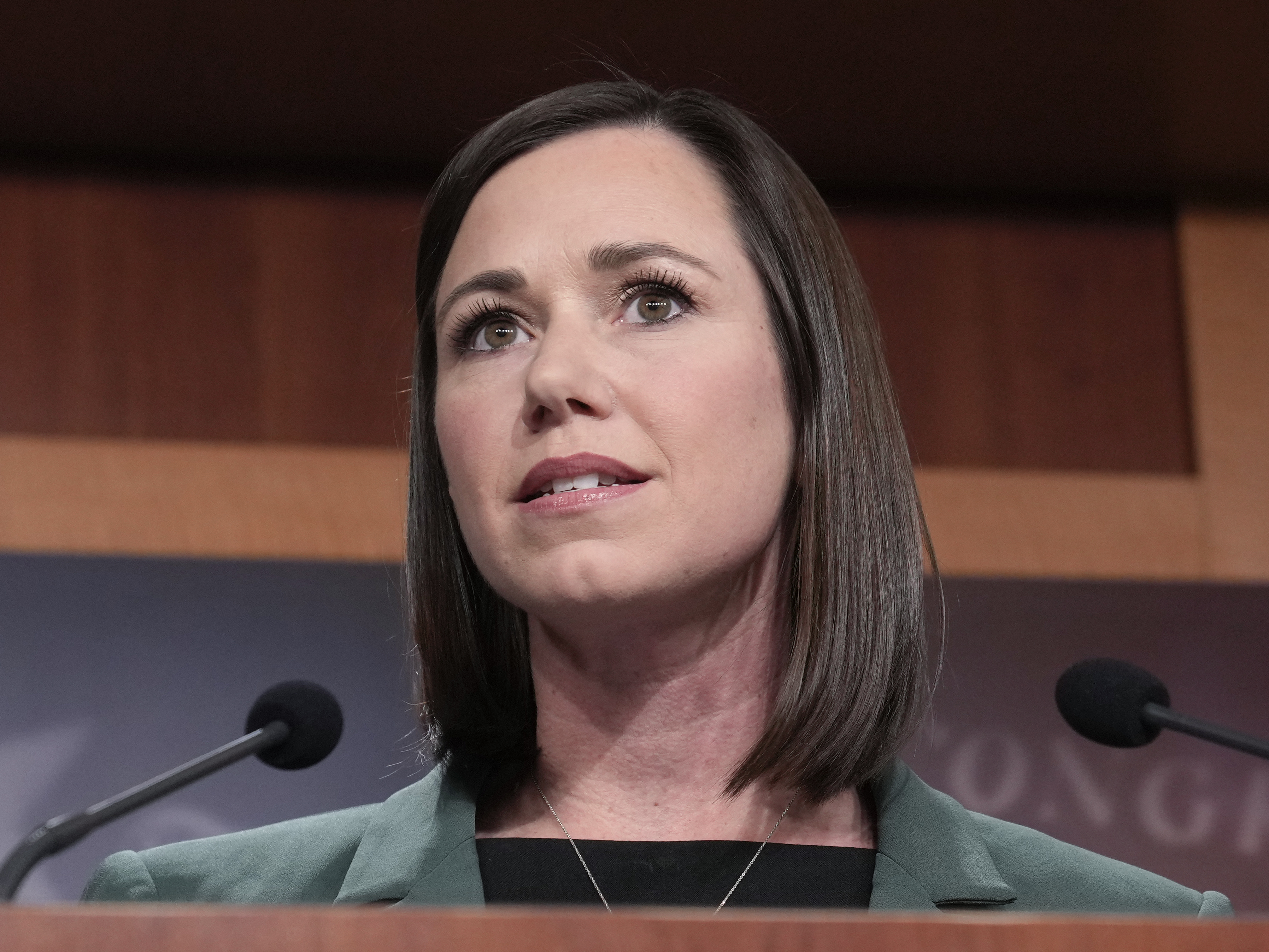 caption: Sen. Katie Britt, R-Ala.,, speaks during a news conference on the border, Feb. 15, 2023, on Capitol Hill. Britt gave the Republican response to President Joe Biden's State of the Union address this past Thursday.
