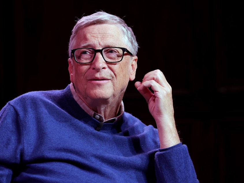 caption: Bill Gates discusses his new book, <em>How to Prevent the Next Pandemic</em>, onstage in New York City. Gates announced Tuesday that he tested positive for COVID-19.