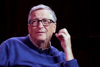 caption: Bill Gates discusses his new book, <em>How to Prevent the Next Pandemic</em>, onstage in New York City. Gates announced Tuesday that he tested positive for COVID-19.